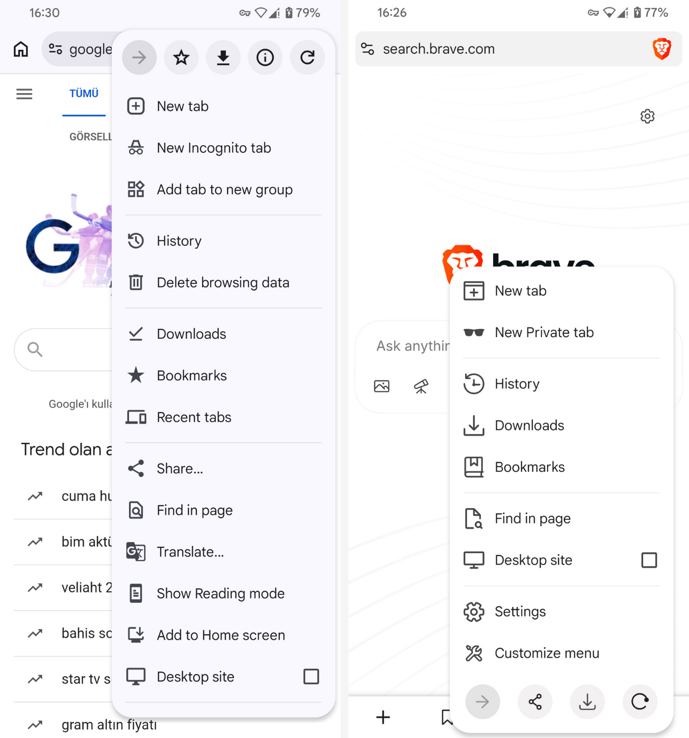 Brave and Chrome Android menu comparison