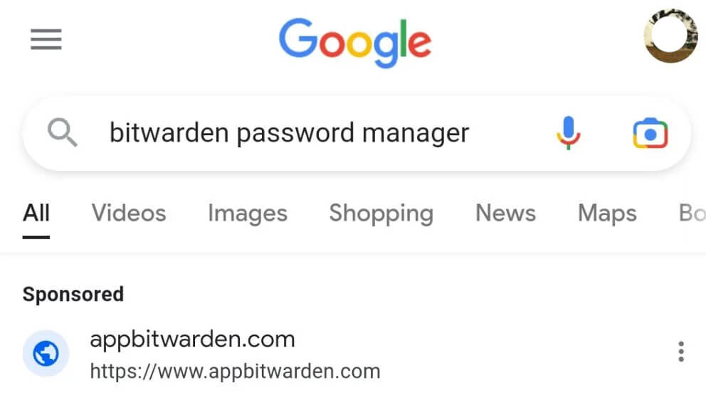 Sahte bir Bitwarden reklamı.
